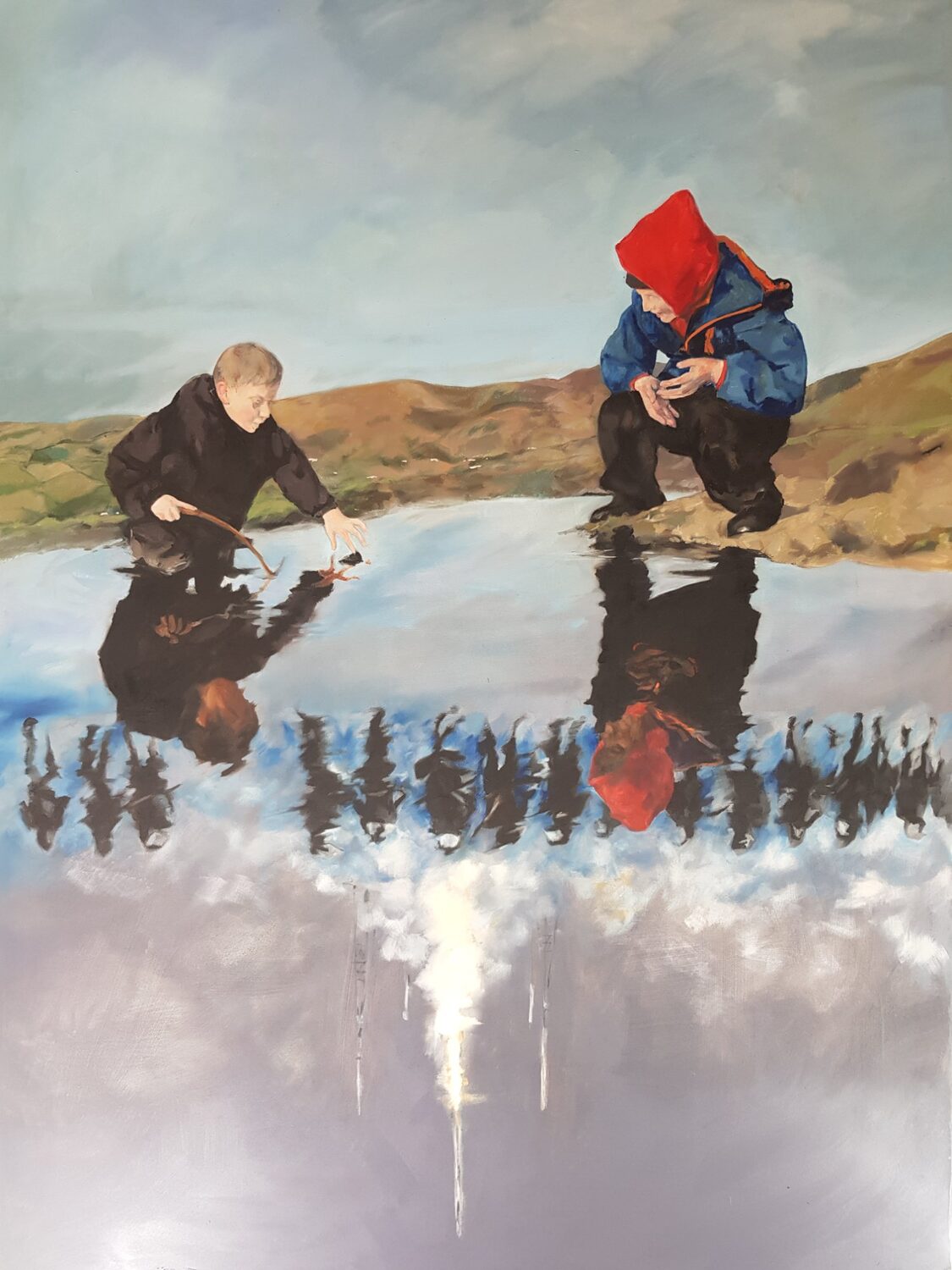Over the Pond, 2020. Two boys crouch at the water's edge; inverted beneath them in the surface are a line of riot police and a rocket launch.